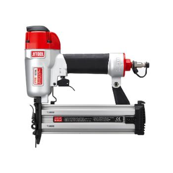 A pneumatic nail gun with a red and silver body and black grip, designed for construction and woodworking tasks.