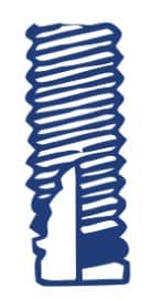 Illustration of a threaded screw with a vertical cut section, showing spiraled grooves.