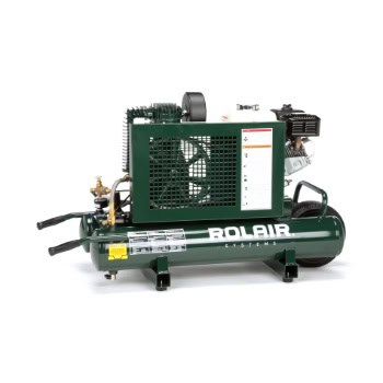 A green Rolair air compressor with a horizontal tank and various controls and components visible.