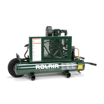 A green Rolair air compressor with a cylindrical tank, wheels, and a handle for mobility.