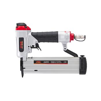 A pneumatic nail gun with a silver and black body, red accents, and an air hose connector on the back.