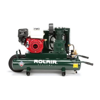 Rotair portable air compressor with a red and black engine, mounted on a green horizontal tank with wheels and handles.