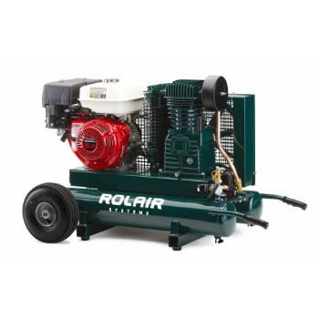 A dark green Rolair air compressor with a red motor and black wheels is shown on a white background.