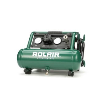 Green Rolair air compressor with gauges and black hose, viewed from the front.