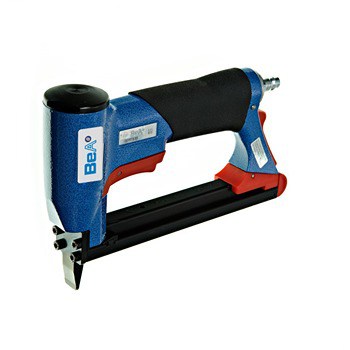 A blue and black pneumatic staple gun with a red trigger, featuring the "BeA" logo on the side.