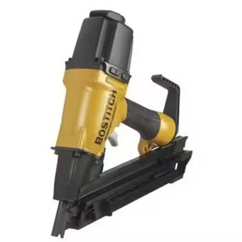 Yellow and black Bostitch nail gun with an angled magazine, designed for construction or carpentry use.