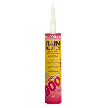 A tube of Rain Buster 900 polyurethane sealant and adhesive with a pointed nozzle.