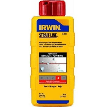 Yellow IRWIN Strait-Line permanent marking chalk bottle with red cap, 4 oz. Capacity indicator from 0 to 4 on label.