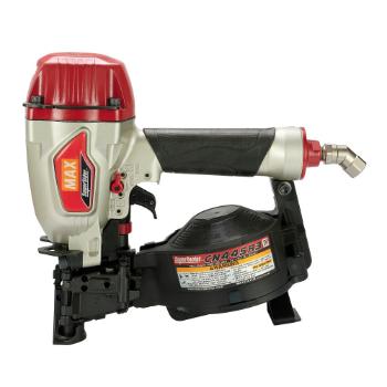 A red and gray pneumatic coil nailer with a black grip and air hose connector.