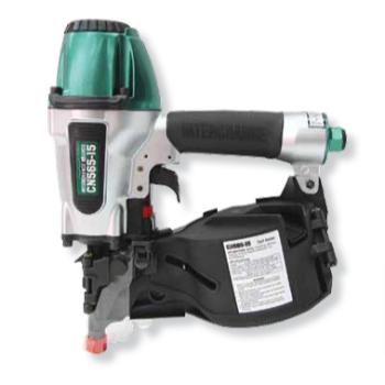 A green and silver pneumatic nail gun with a black handle and a round magazine for nails.