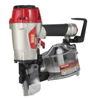 A pneumatic nail gun with a silver and red design, featuring a black handle and a transparent nail coil cover.