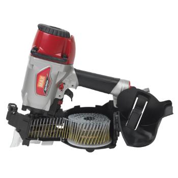 A pneumatic nail gun with a red and gray body is shown, featuring an open magazine loaded with coil nails.