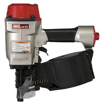 A pneumatic coil nailer with a red top and silver body, featuring a black handle and a round nail magazine at the bottom.