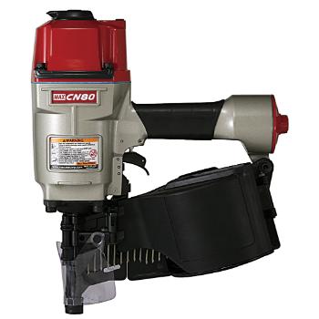 A red and silver pneumatic nail gun with a black magazine attachment.