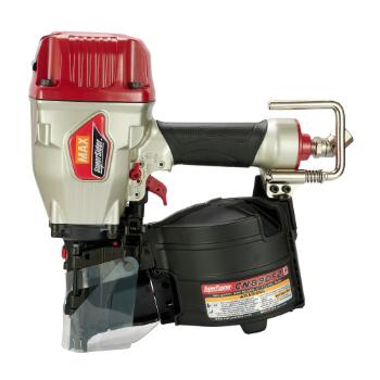 A red and silver pneumatic coil nailer with a black grip and a coil magazine attached.