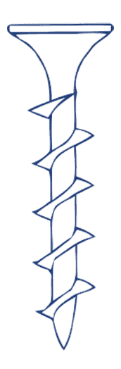 White screw illustration on a dark blue background, showing a tapered head and spiraled shaft.