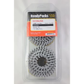 Packaging of HandyPacks coil siding nails, 2 rolls, 2.5 inches, 200 nails in total.