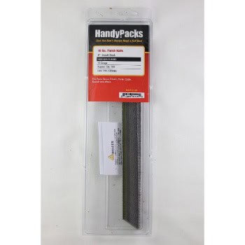 Packaging of HandyPacks 2-inch finish nails, 16 gauge, 2.0 mm, 300 pieces with a red and yellow label in a clear plastic case.