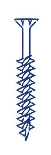 Illustration of a blue screw with a flat head and a long, spiraled shank.