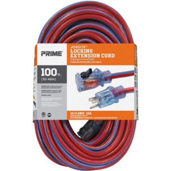 A 100 ft red and blue locking extension cord, product labeled "Prime" with specifications: 12/3 AWG, 15A.