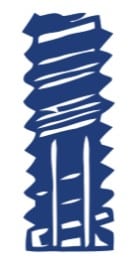 Illustration of a blue, spiraled drill bit with a flat tip, depicted in a stylized, graphic design.