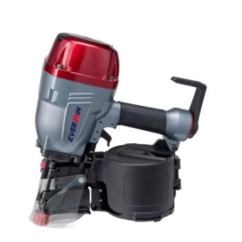 A gray and red pneumatic nail gun with a black handle and a round nail magazine at the bottom.