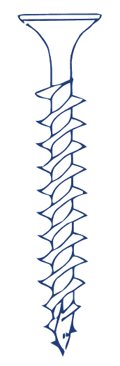 Illustration of a metal screw with a flat head and spiraled threads along the shaft.