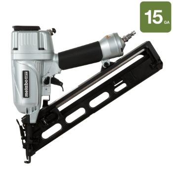 Image of a Metabo HPT 15-gauge pneumatic nailer with a silver body and black handle.