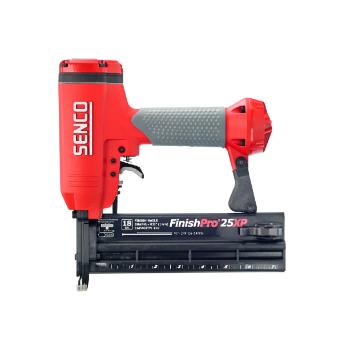 A red and gray Senco FinishPro 25XP nail gun with a black grip and magazine.