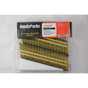 A pack of HandyPacks full round head nails in a plastic case, labeled as ring shank, 3.25 inches, 21° plastic strip, for framing and siding.