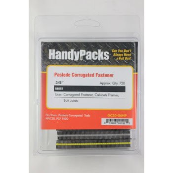 Pack of Paslode corrugated fasteners in HandyPacks packaging, labeled for use in corrugated fastener, cabinet frames, and butt joints. Contains approximately 750 pieces.