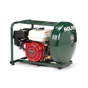 A green and red Rolair air compressor with a Honda engine, designed for construction or industrial use.