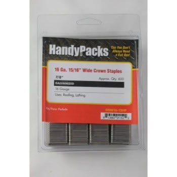 Pack of HandyPacks 16 Ga. 15/16" wide crown staples, galvanized, approximately 600 count, for roofing and lathing.