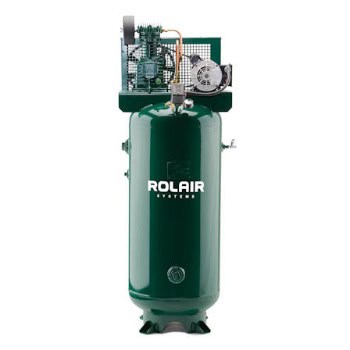 Green vertical air compressor with "Rolaire Systems" logo, featuring a tank and attached mechanical components on top.