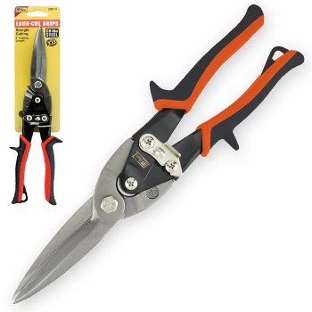 Metal snips with orange and black handles, shown alongside packaging.