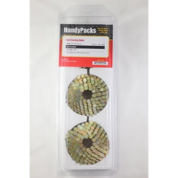 Pack of two coil roofing nails in a transparent plastic case labeled "Handy Packs.