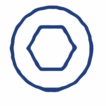 A simple blue geometric logo with a hexagon inside a circle.