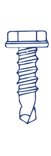 Illustration of a hex head self-drilling screw with a grooved shaft and pointed tip.