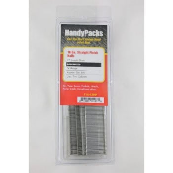 A clear plastic pack labeled "Handy Packs" contains 16 gauge straight finish nails, bright finish, with a quantity of 360.