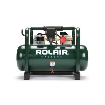 Green Rolair air compressor with black handles and visible gauges, shown from the front.