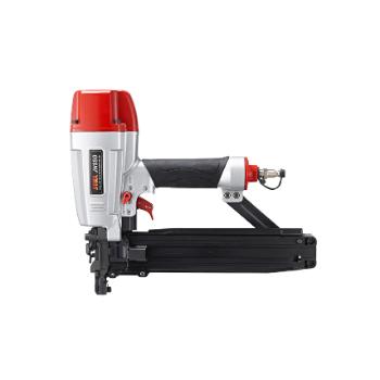 A pneumatic nail gun with a red and silver body and black handle, used for driving nails into wood or other materials.