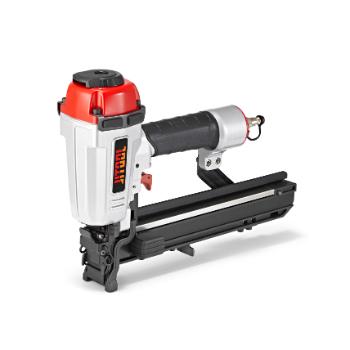 A pneumatic nail gun with a red and black handle, designed for construction use, displayed against a white background.