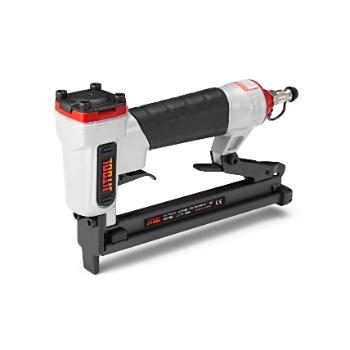 A pneumatic stapler with a black handle and red accents, designed for heavy-duty stapling tasks.