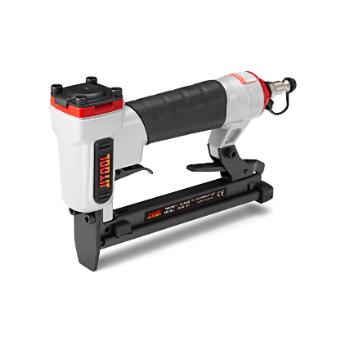 A pneumatic staple gun with a black and white body and a red accent, designed for professional use.