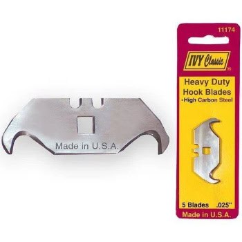 Ivy Classic heavy-duty hook blade with packaging. High carbon steel, "Made in U.S.A." indicated. Contains 5 blades.