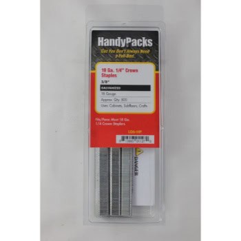 Package of HandyPacks 18 Ga. 1/4" crown staples, 3/8" length, 1000 staples per pack, suitable for use in cabinets, softwoods, and crafts.