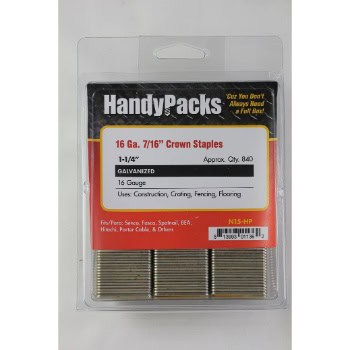 Pack of HandyPacks 16 Ga. 7/16" crown staples, galvanized, 1-1/4" length, approximately 840 staples. Suitable for construction, crafting, fencing, and flooring.