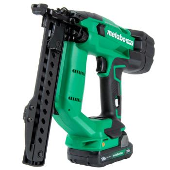 A green and black Metabo HPT 18V cordless framing nailer with a battery attached.