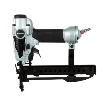 A silver and black pneumatic nail gun with a hose attachment and trigger handle, set against a plain white background.