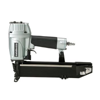 A silver and black pneumatic nail gun with a rubber grip handle, labeled "metabo hpt" on the side.